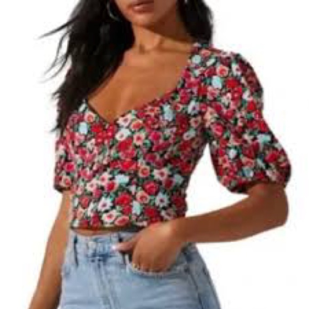 ASTR The Label Multi Red Black Floral Puff Sleeve Crop Top XS side zipper